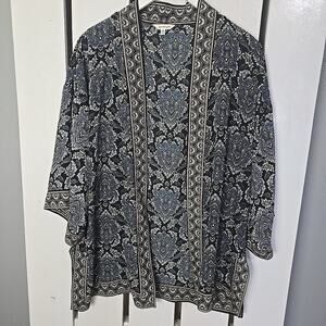 Max Studio Black Blue Paisley Floral Open Front Cardigan Kimono Medium Boho Swim